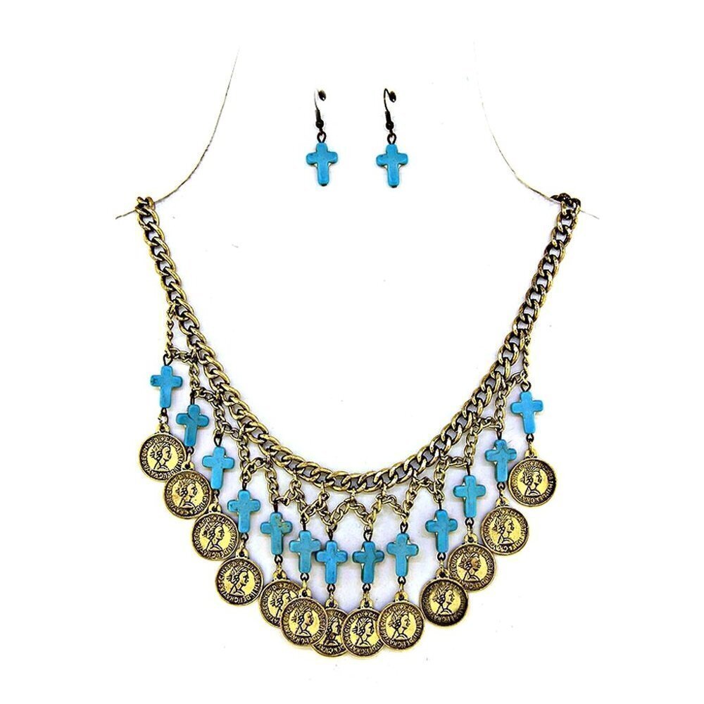 Boho Chunky Coin Turquoise Mini Cross Multi Strand Bib Necklace Set